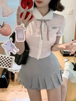 Korean Sle School orm Jk orm Set Women Summer Small Size Sweet Pure Desire irt Pleated  Skirt Two Piece Set