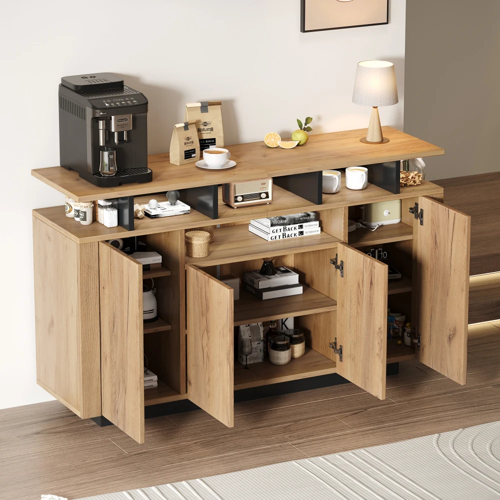 PINGGO Kommode, Sideboard, 4 Türen, 3 offene Regale, Naturholz, für Wohnzimmer, Flur, Büro, 140 x 40 x 85 cm – Detail 8