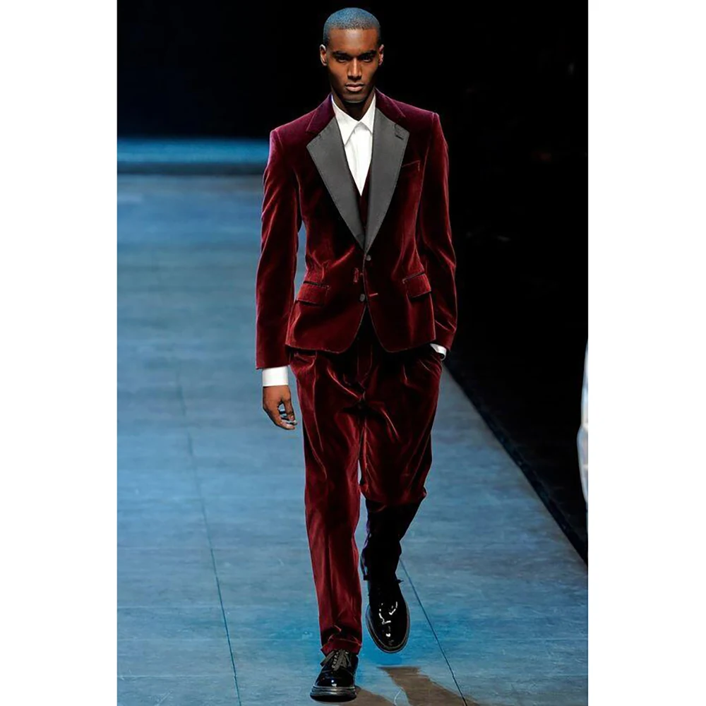 

High Quality Burgundy Velvet Men Suits 3 Pieces Blazer+Pants+Vest Handsome Celebrity Wedding Formal Work Causal Tailored Set