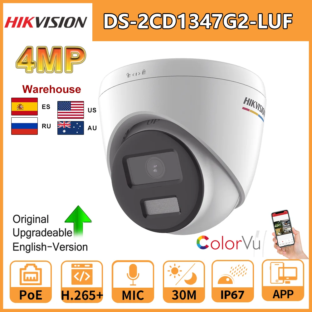 Hikvision DS-2CD1347G2-LUF 4MP POE Turret Camera - Full Color, 2.8mm Lens, Built-in Mic (ColorVu)