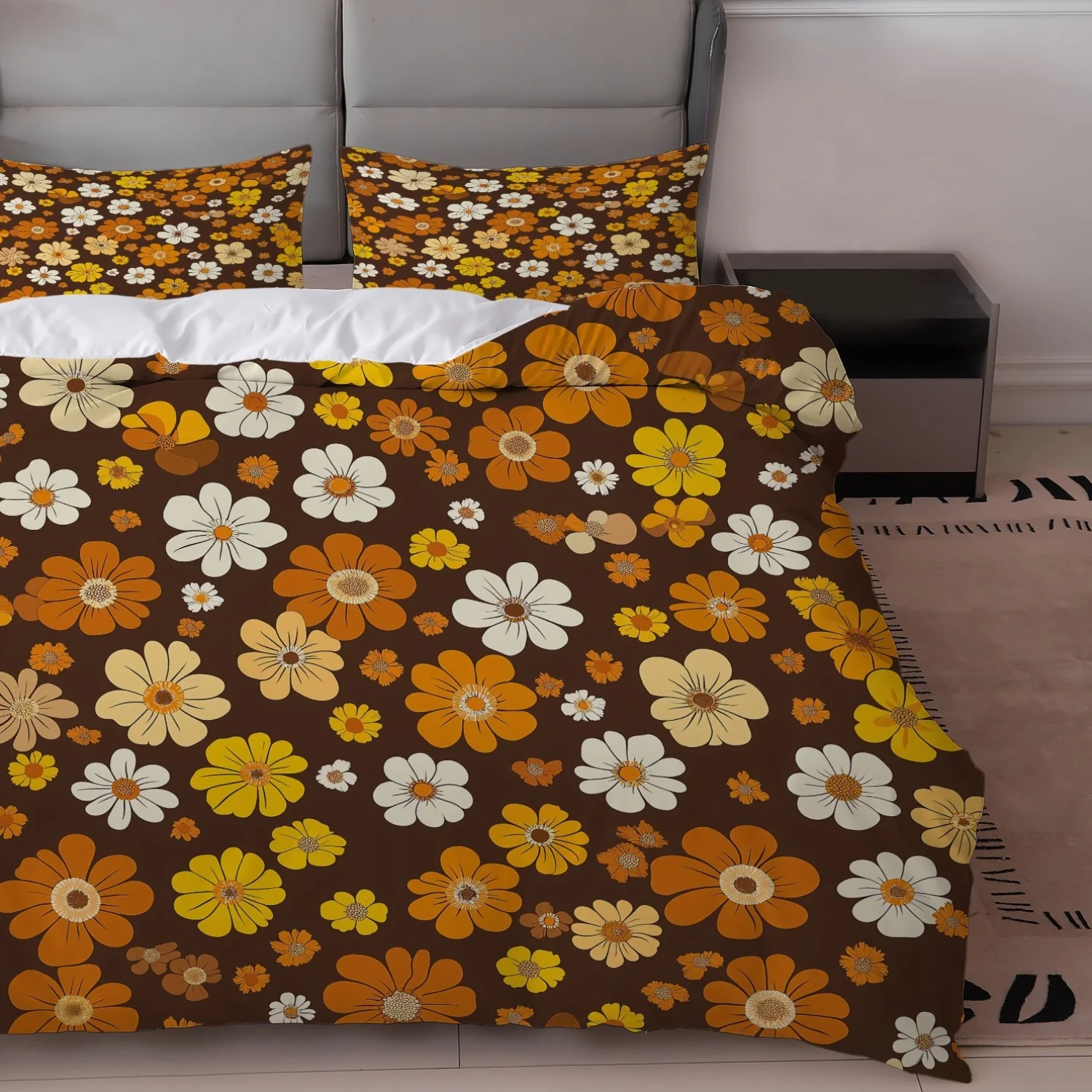 3Pcs Retro Floral Duvet Cover Set, Brown Orange Flower Print Polyester Bedding with Pillowcases, Machine Washable All Season