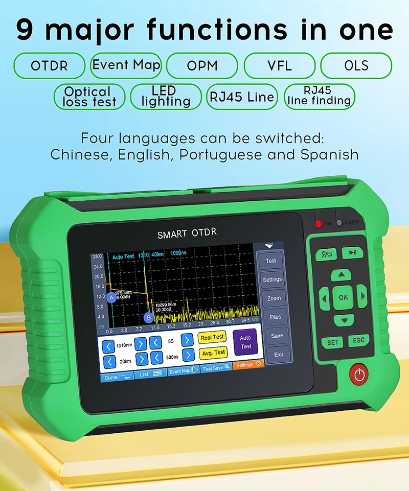 

Mini OTDR Fiber Optic Reflectometer with 9 Functions, VFL OLS OPM Event Map, Cable Ethernet Tester, 22 dB, 24dB for 80km