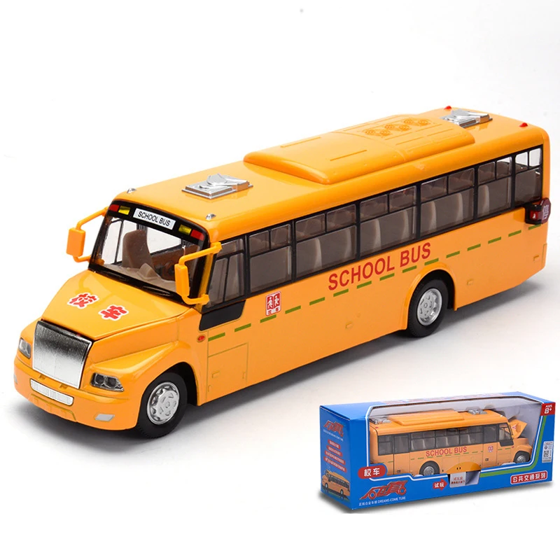 

1:32 Scale Diecasts Pull Back School Bus Car Model Toy Children's Rubber Tire Die-casting Sound and Light Alloy Toy Vehicles