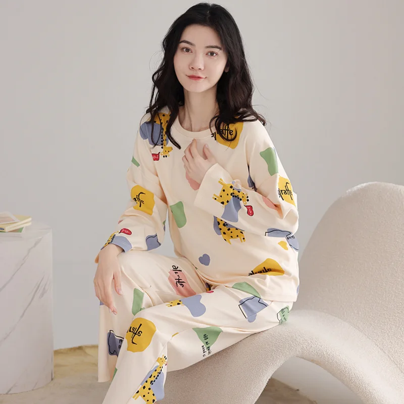 2PCS/Set Spring Autumn New Comfortable Simple Cute Fashion Elastic Cartoon Korean Long Sleeve Large Size Home Women's Pajamas 2