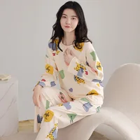 2PCS/Set Spring Autumn New Comfortable Simple Cute Fashion Elastic Cartoon Korean Long Sleeve Large Size Home Women's Pajamas 2