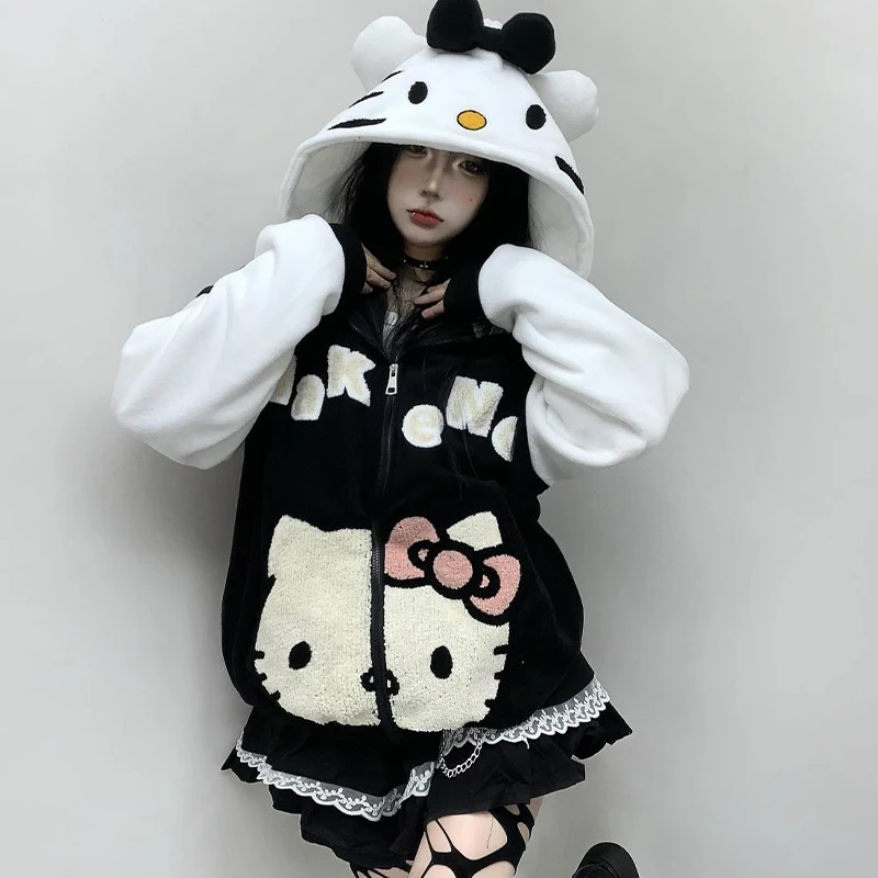 

Hello Kitty Coat Sanrio Kawaii Cartoon Cute Anime Student Decorate Loose Couple Lamb Cashmere Hoodie Girls Christmas Gifts
