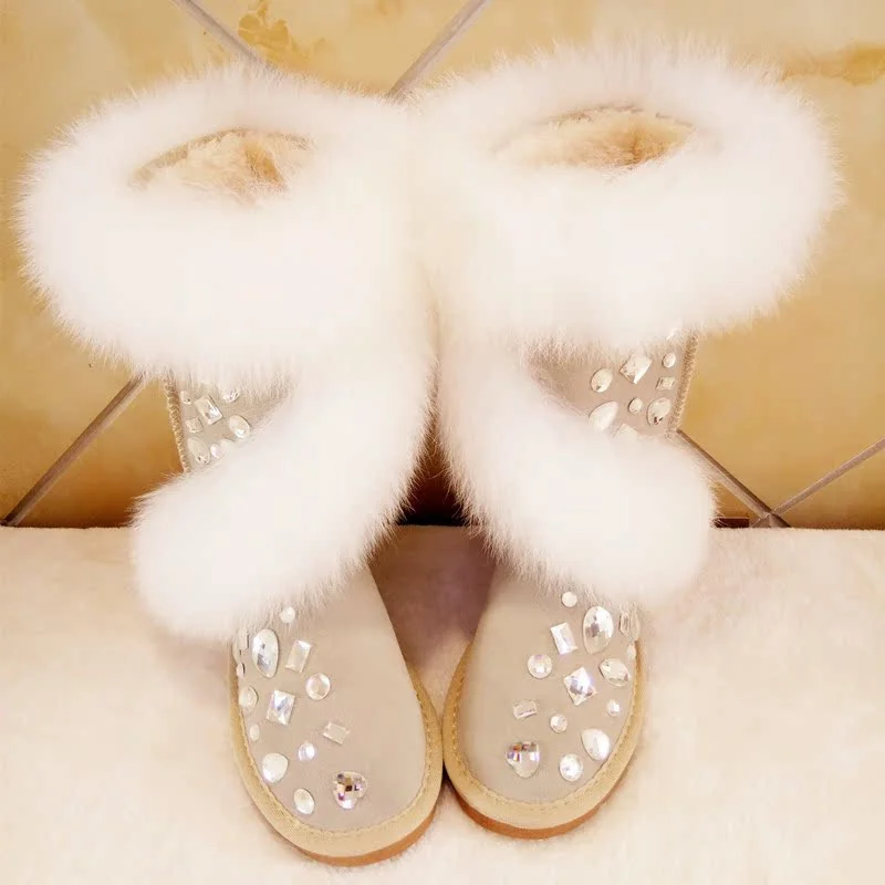 

White fox hair boots handmade custom winter plus fleece warm boots rhinodrill fur one boot women's large size 35-44