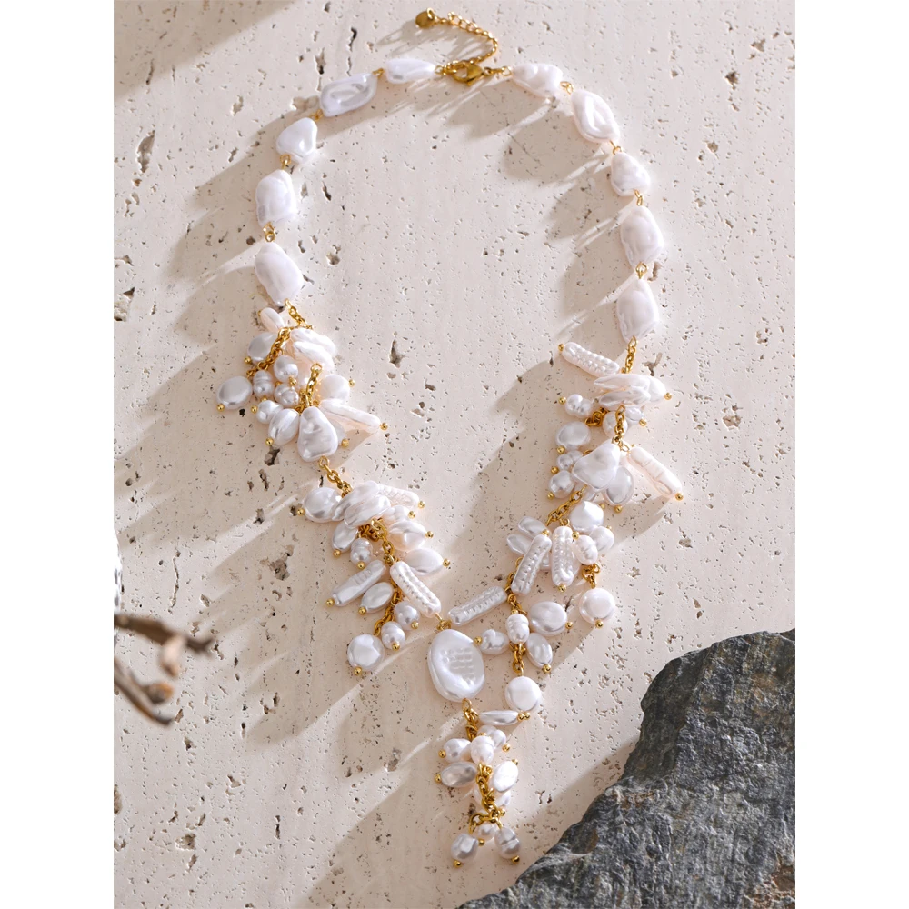 Yhpup Simulated Pearls Beads Drop Necklace Stainless Steel