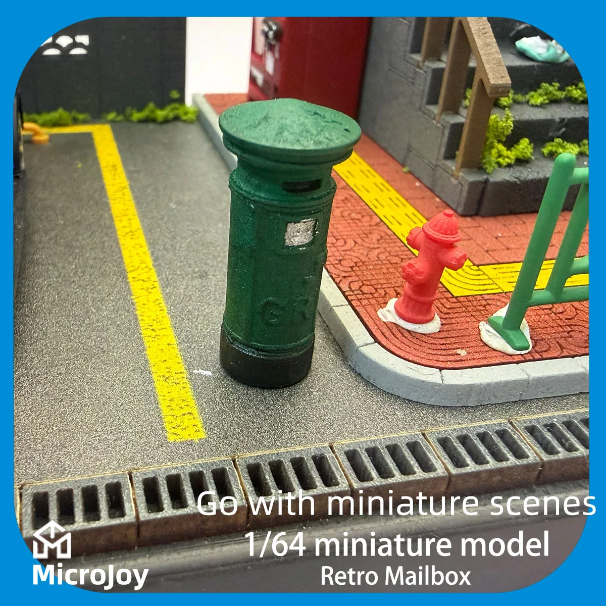 세부적인 장면: 1:64 스케일 미니어처 모델 수리 작업장, 빈티지 우편함, 미니 거리 우편함 장식품, 빈티지 장식이 있는 자동차 모델 장면