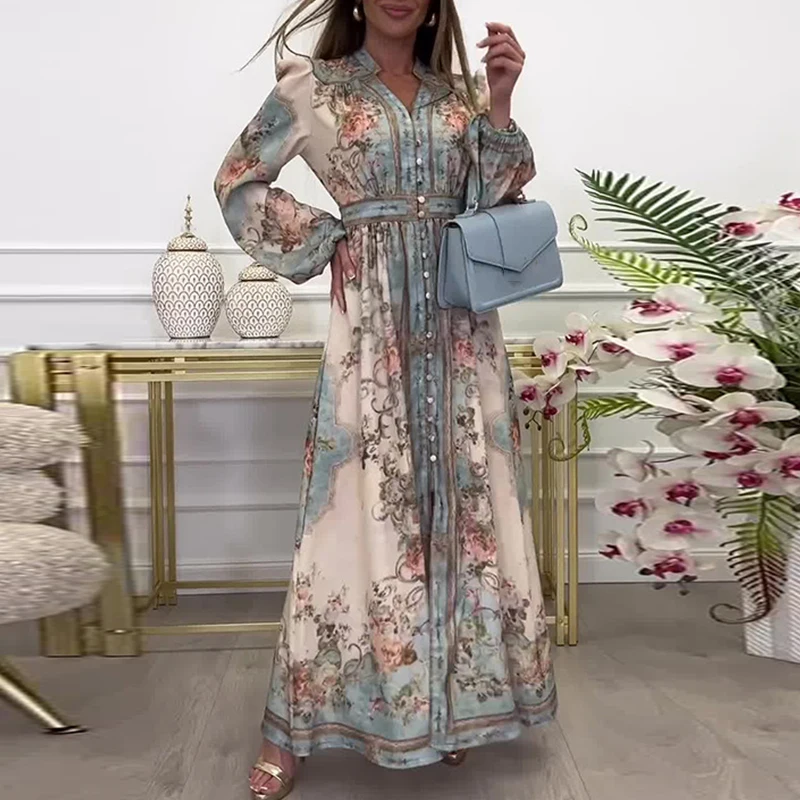 우아한 V넥 긴팔 파티 원피스, 캐주얼 티 브레이크 파티 드레스, 빈티지 패턴 인쇄, 싱글 브레스트 여성 원피스, 2024 