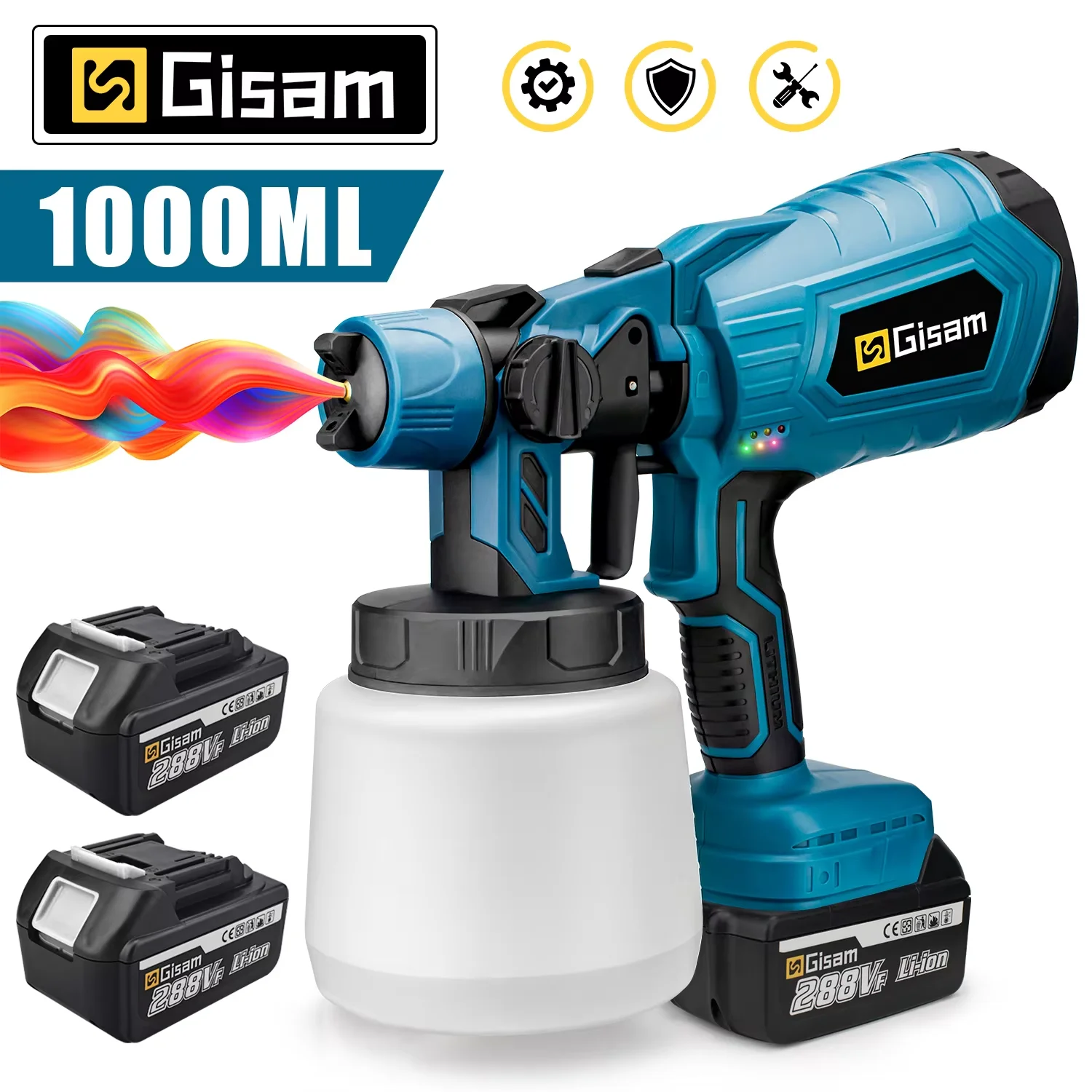 GISAM Cordless Electric Spray Gun, 1000ML powerful HVLP paint sprayer, airbrush for auto, furniture and steel coating, compatible with Makita 18V battery pin