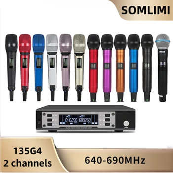 SOMLIMI UHF 듀얼 채널 전문 무선 마이크 시스템, 무대 성능, 다이내믹 장거리 금속 핸드헬드, EW135G4