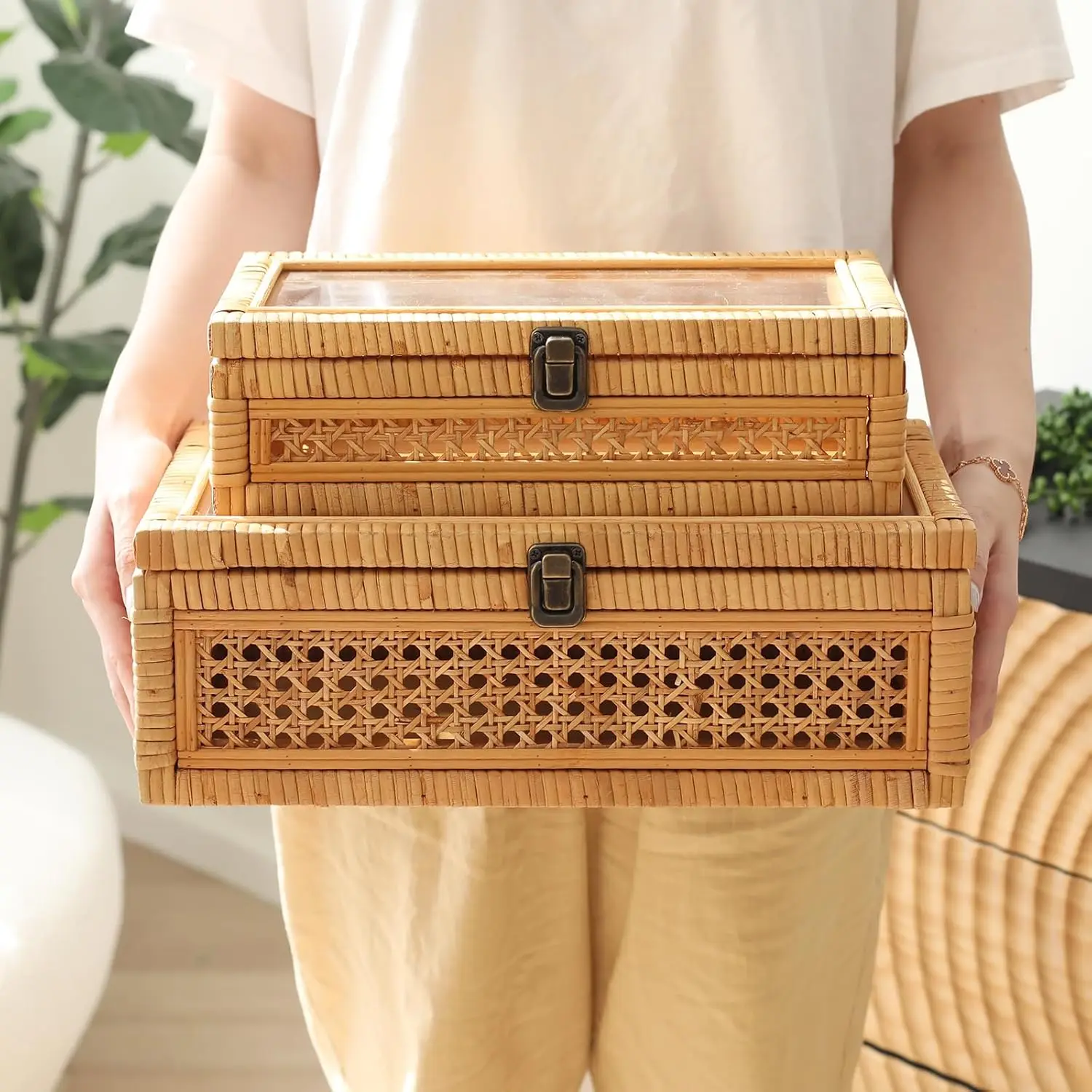 Rattan and Cane Stacking Boxes with Glass Top Lid - Set of 2 for Boho, and Rustic Farmhouse Decor 5