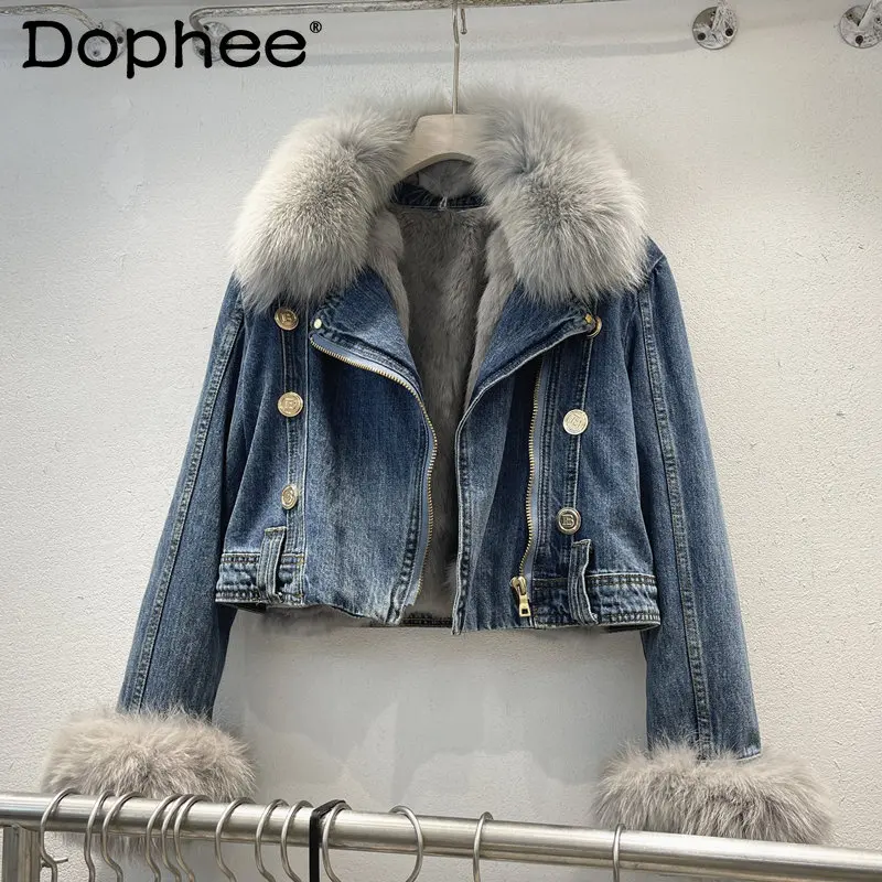 

High Quality Detachable Fleece-Lined Thicken Denim Jacket Women Coat Winter Short Personalized Fox Fur Furry Jean Jacket Casacos