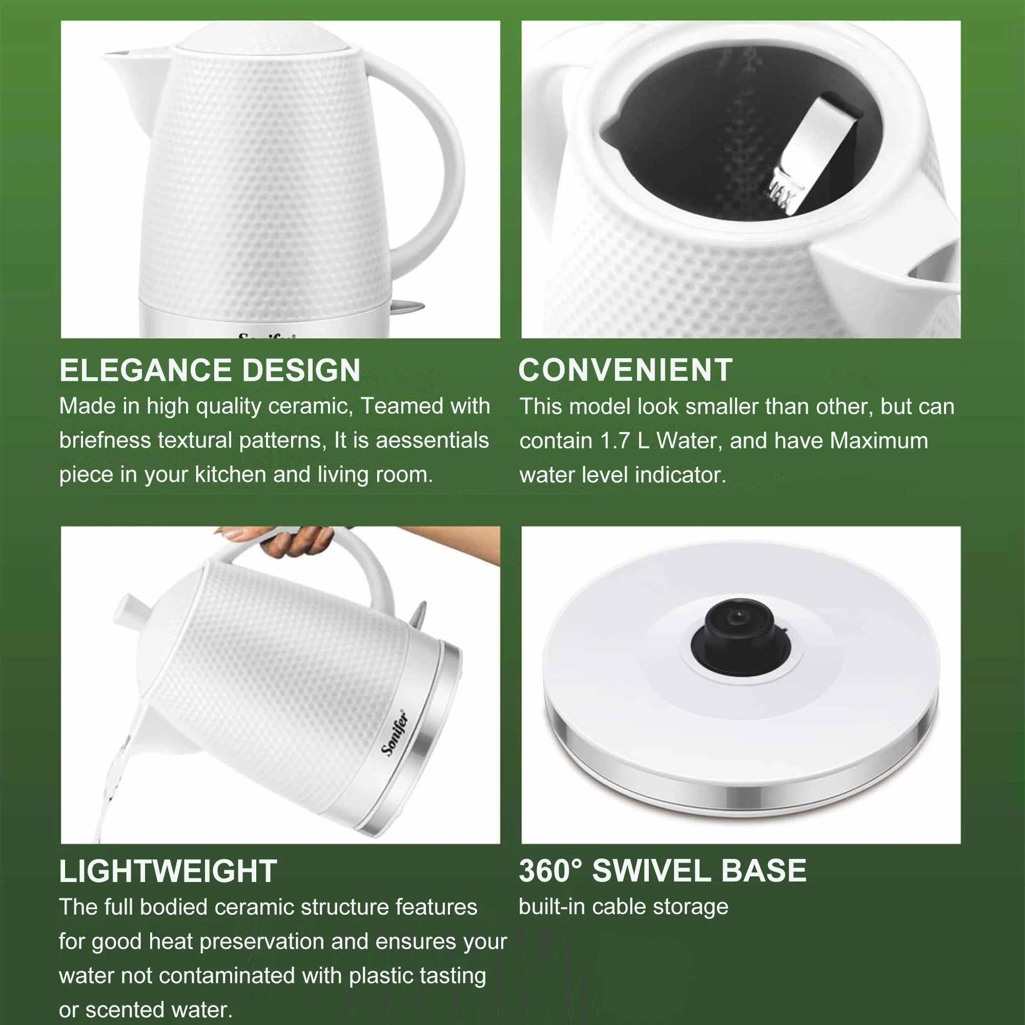 1.7L Electric Kettle Cordless Ceramic Kettle Household Kitchen Quick Heating Electric Boiling Tea Pot Sonifer 4