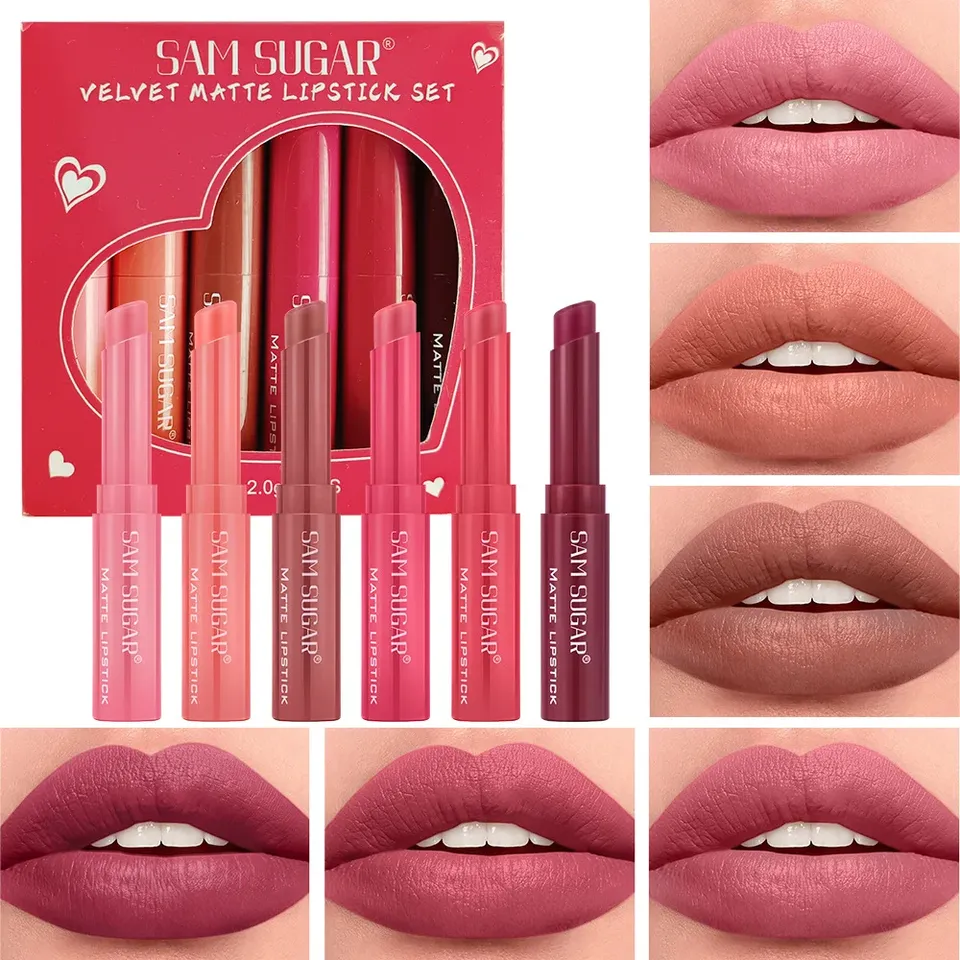 SAM SUGAR 6pcs Velvety Matte Lipstick Set Long-Lasting Waterproof Easy-to-Color Lip Balm Makeup Collection of 6 Shades