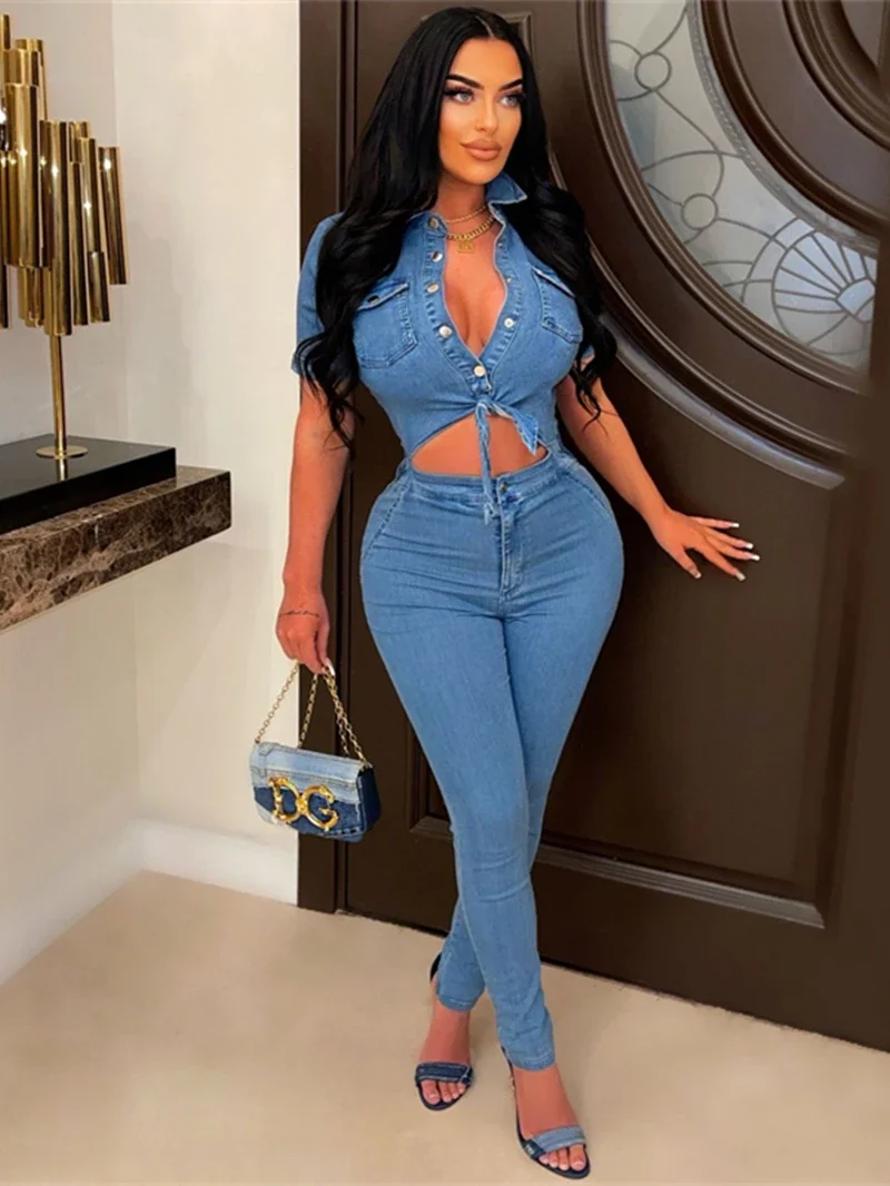 

Fashion Denim Jumpsuit Women Clothing Summer Sexy Club Outfit Short Sleeve Lace Up Jean Rompers Playsuits One Pieces Overalls