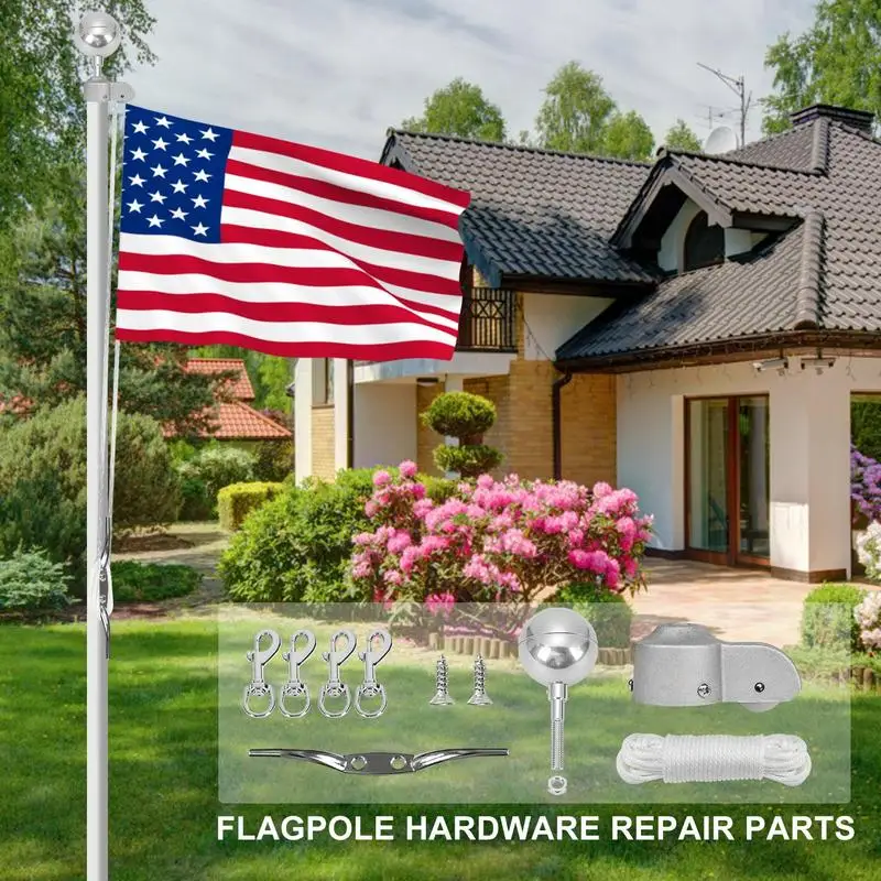 Flag Pole Rope Kit Flag Pole Hardware Outdoor D&eacute;cor Repair Kit For Features 4 Metal Swivel Snap Clips 3 Inch Silver Ball