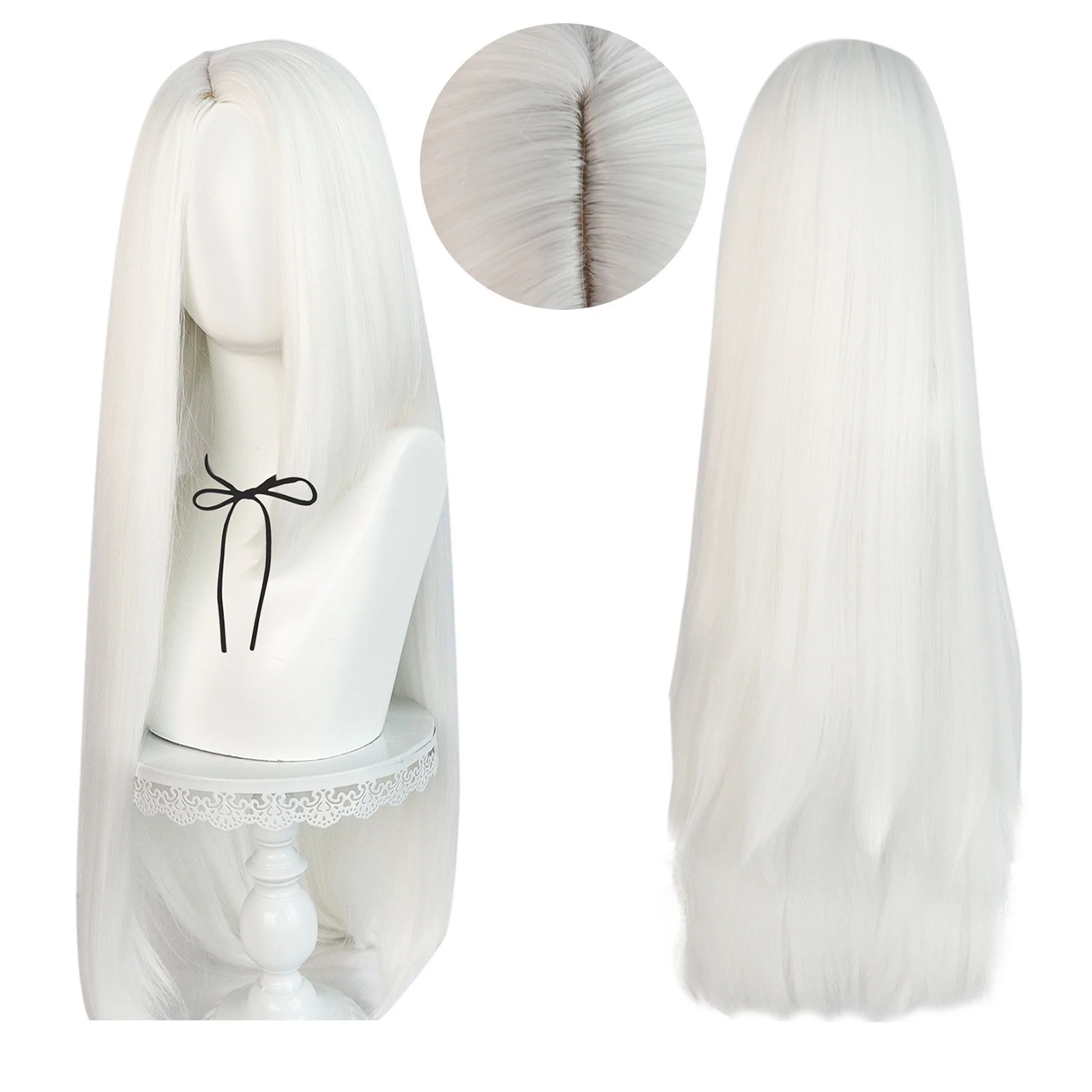 thumbnail image 1 of Peluca de cosplay de Anime Vaggie, accesorios de disfraz, pelucas largas de 90 cm, color blanco/blanco plateado degradado, pelucas de cabello sintético resistentes al calor + gorro de peluca, 1 of 4