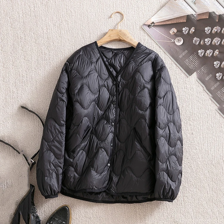 Schinteon Women Ultralight White Duck Down Jacket Argyle V-neck Collar Casual Autumn Winter Outwear Coat 2024 New Fashion