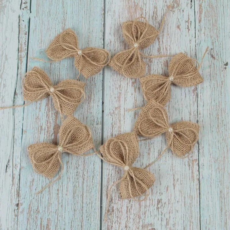 Jute Burlap Hessian Bow with Artificial Bead 10pcs/lot Vintage Wedding Decoration Handmade Craft DIY Christmas Decoration
