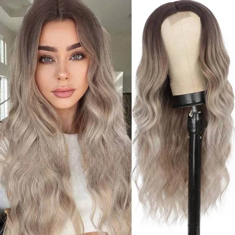 Natural gradient black silver gray wig,middle part long wavy wig synthetic everyday curly hair Halloween party anime role play