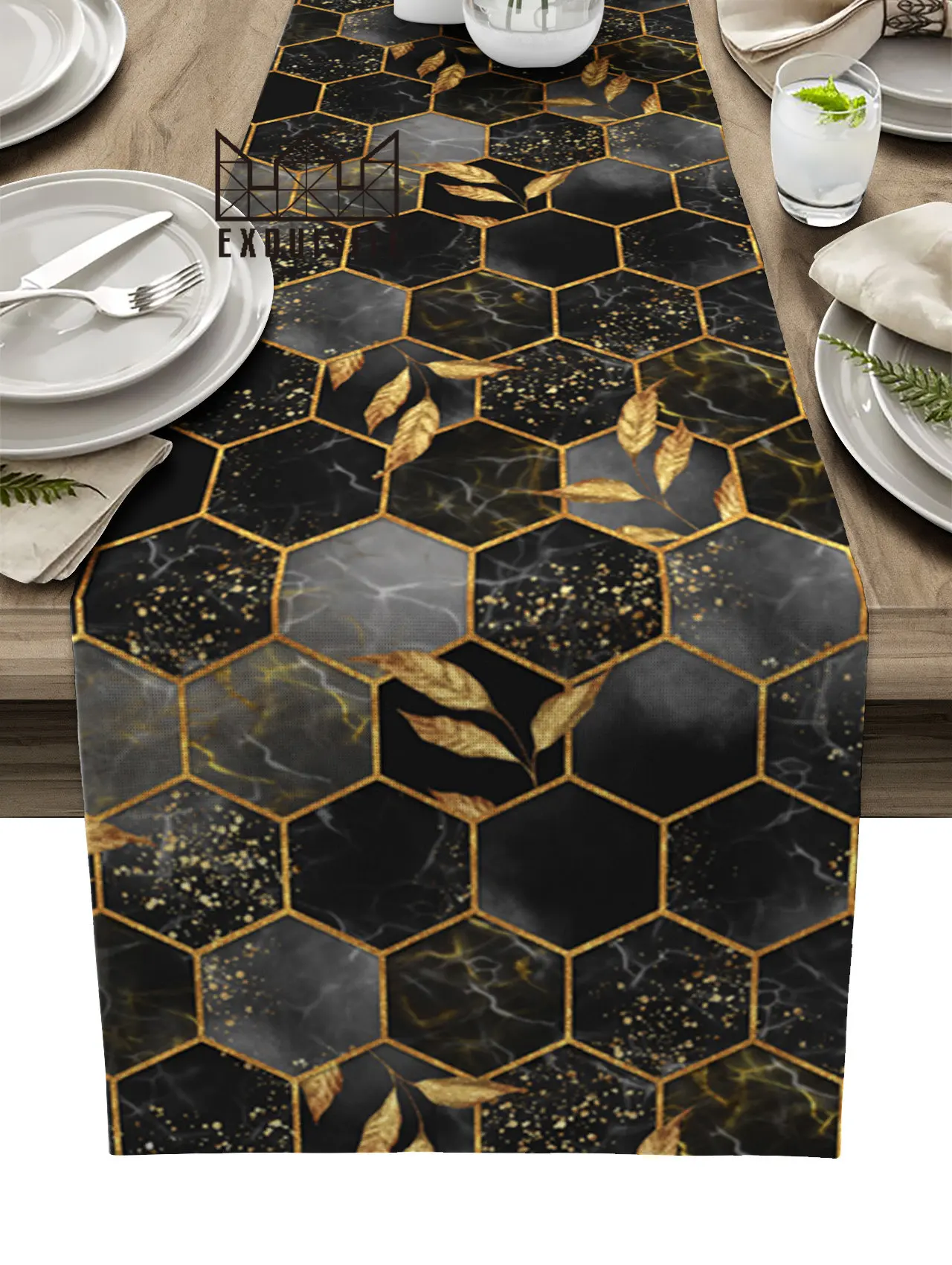 Marble Texture Black Grey Table Runner Wedding Party Dining Table Cover Cloth Placemat