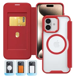 Premium Flip Slot Card Wallet Magnetic Phone Case - Matte Translucent Shockproof Cover - iPhone 17 (Red)
