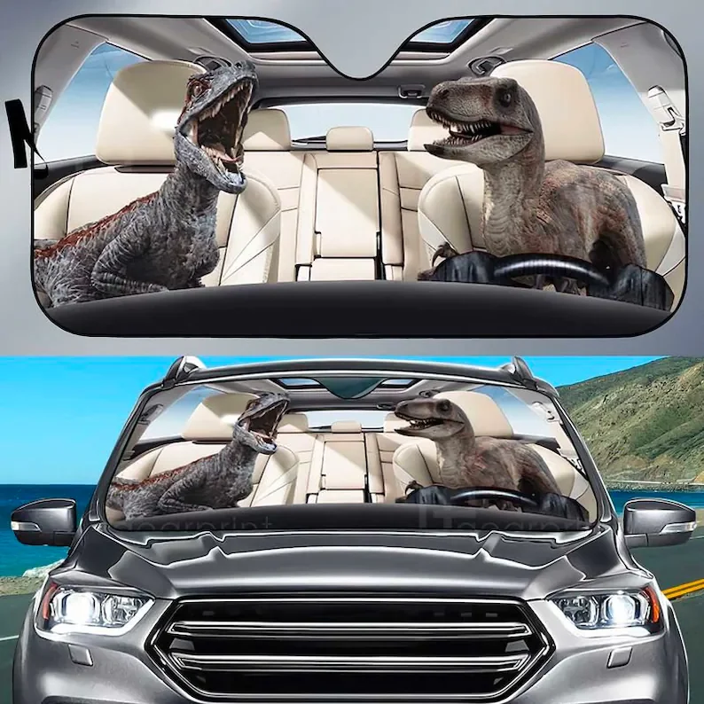 

Scary Dinosaur Couple In The Car Pattern Printed SunShade Best Gift For Dinosaur Lover's Car Windshield Oxford Cloth Halloween C