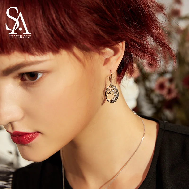 SA SILVERAGE 925 Sterling Silver Yellow Gold Color Jewelry Sets for Woman Life Tree Pendant Necklaces Drop Earrings Sets