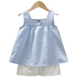 Summer Girls' Casual Outfit: Checked Straps & White Shorts Set - 90  1-2T (2pcs Set)