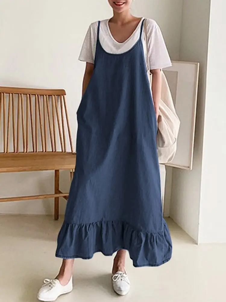 

Fashion ZANZEA Women Denim Blue Sundress Summer Vintage Ruffles Casual Straps Solid Midi Vestidos Sarafans Overalls Dress S-