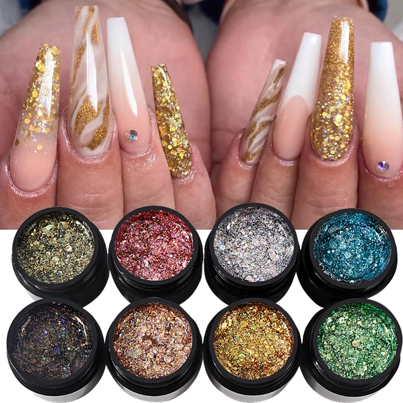 

1PCS Gold Glitter Nail Gel Soak Off UV LED Semi-Permanent Sequins Varnish Diamond Shimmer Manicure Decoration Nails Polish Gel