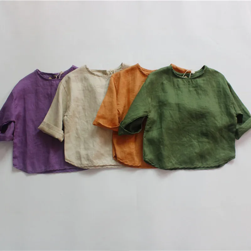 deer jonmi Summer Children Solid Color Retro Loose Shirts Korean Style Unisex Cotton Linen Tops