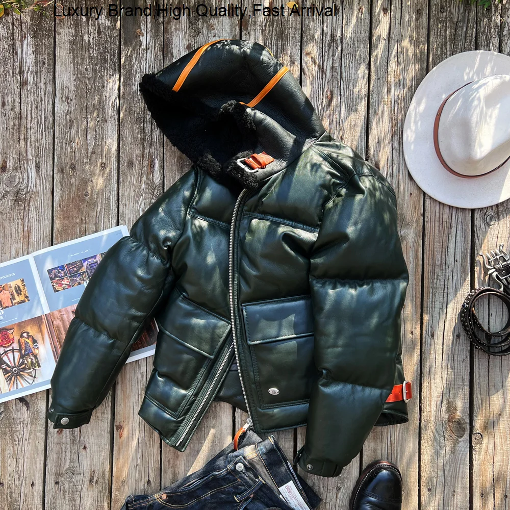 

hooded Fur integrated fine sheep skin thick warm velvet leather jacket