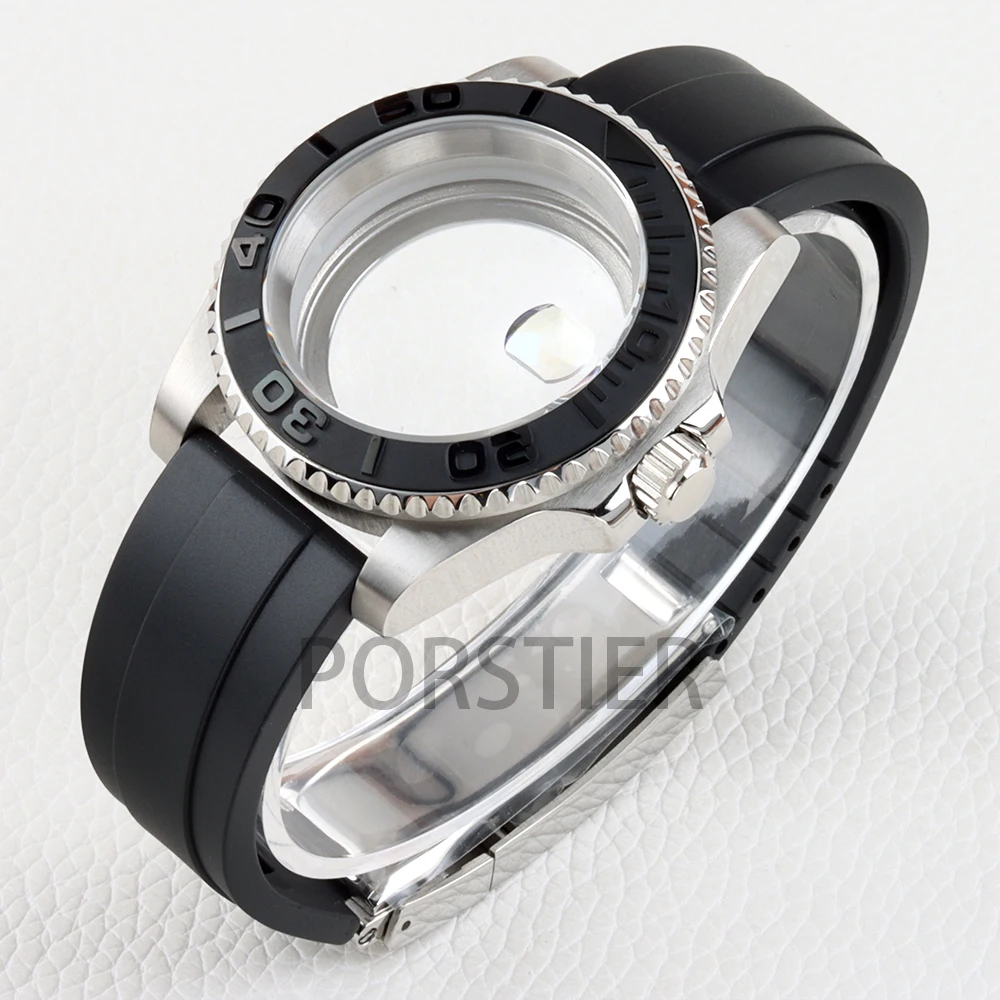 Stainless Steel 40mm Yacht Watch Case with Sapphire Glass & Rubber Strap - 100m Waterproof