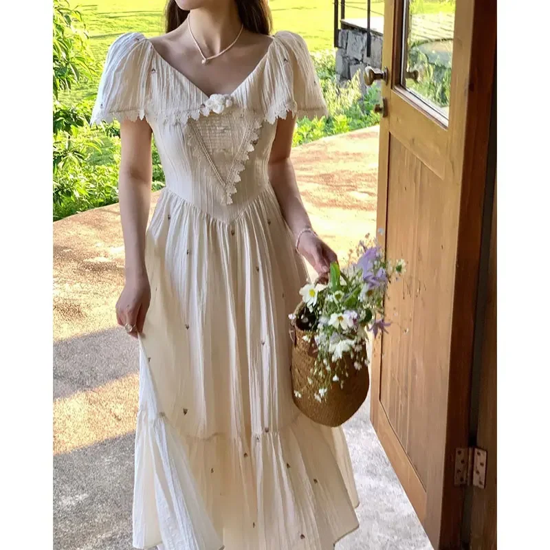 

Vintage Embroider Midi Dresses for Women 2024 Summer Elegant Party Fashion A Line Clothes Holiday Casual Sweet Female Clothing