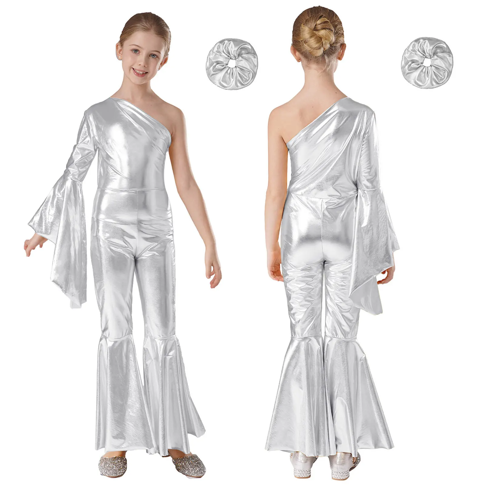 6-16Y Kinder Mädchen Metallic Shiny Bell-Bottom Dance Overall Retro Disco Party Cosplay Kostüm Cheerleading Jazz Tanzen Kleidung – Detail 21