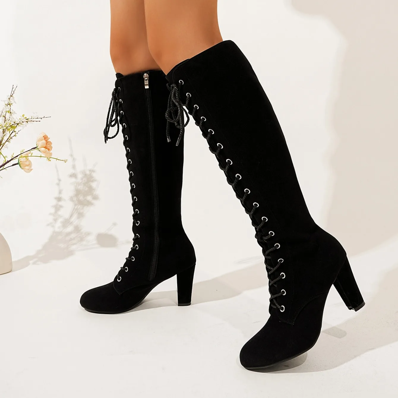Damen Overknee-Stiefel mit Dickem Absatz für Herbst 2025, Die Neuen Bequemen Schnür-Designerstiefel mit Mittlerem Absatz – Detail 12
