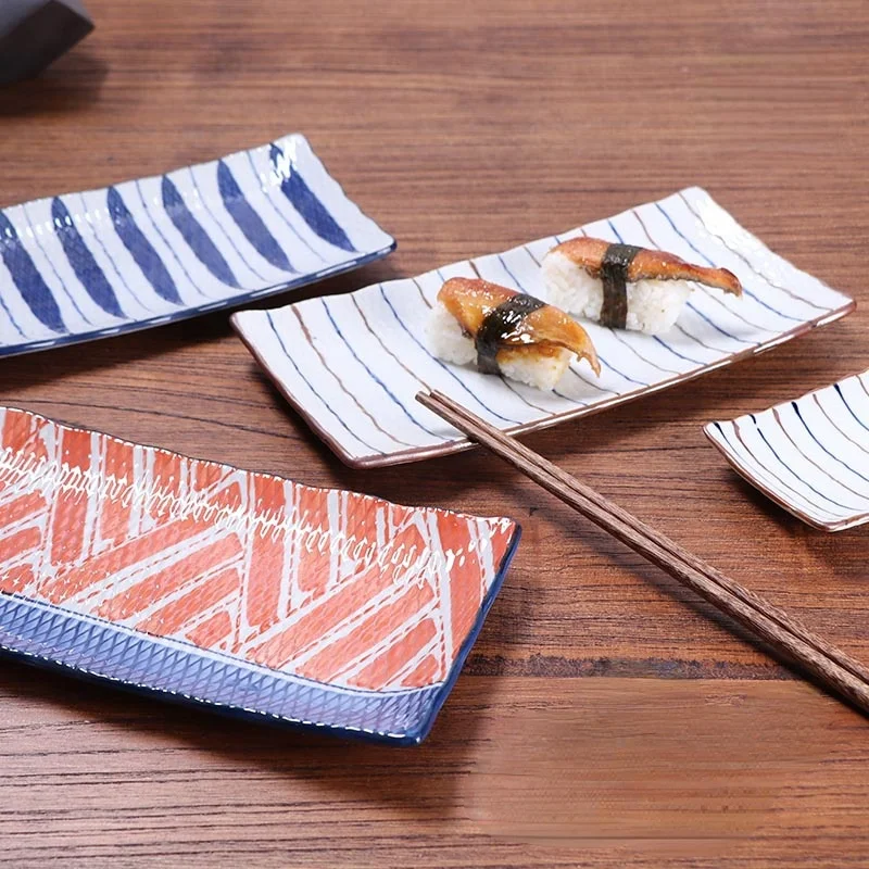 Japanese Ceramic Plate Tableware High Temperature Underglaze Color Hand-painted Long Plate New China Creative Sushi
