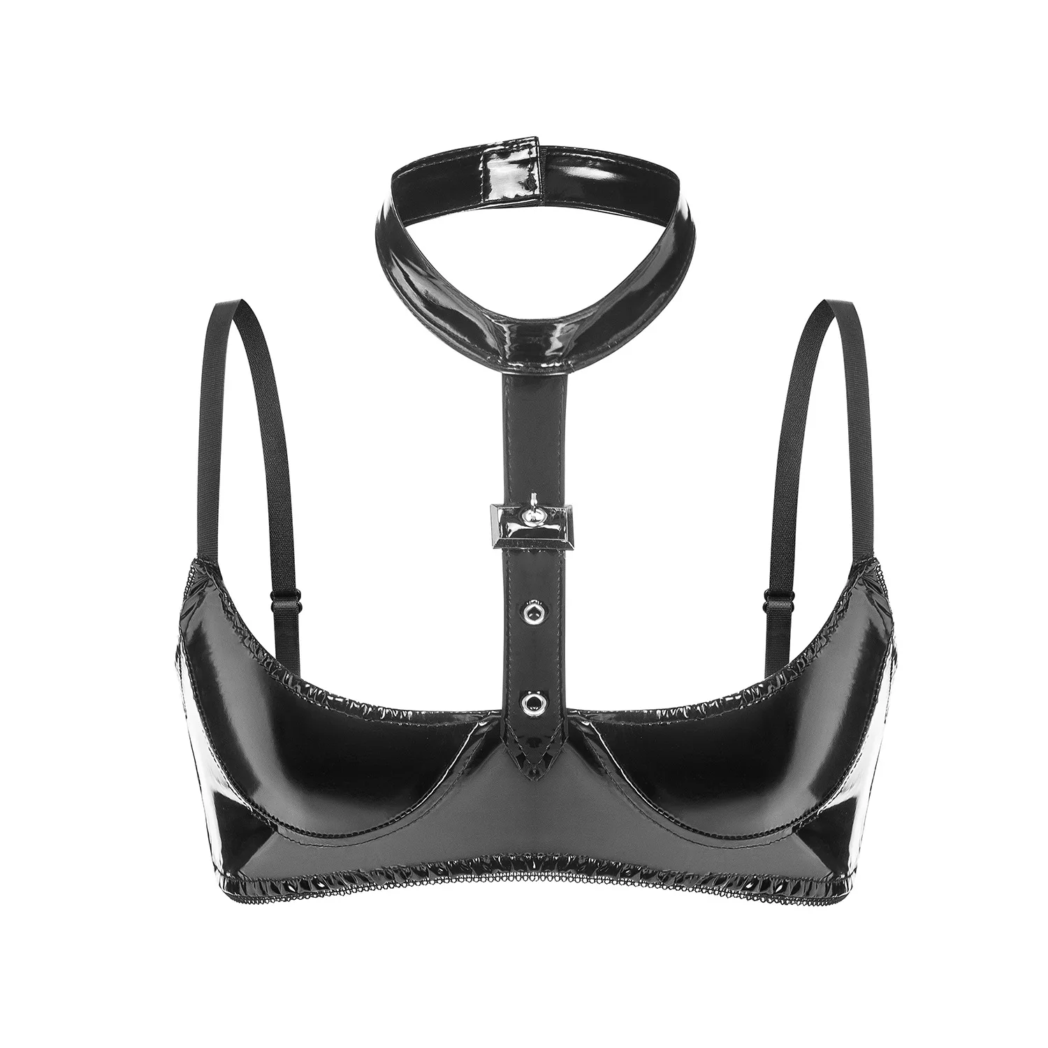 Women's Sexy Low Cup Glossy PVC Leather Bra Erotic Lingerie Adjustable Bracette Latex Wet Look Halter Neck Hot Porn Bra Tops