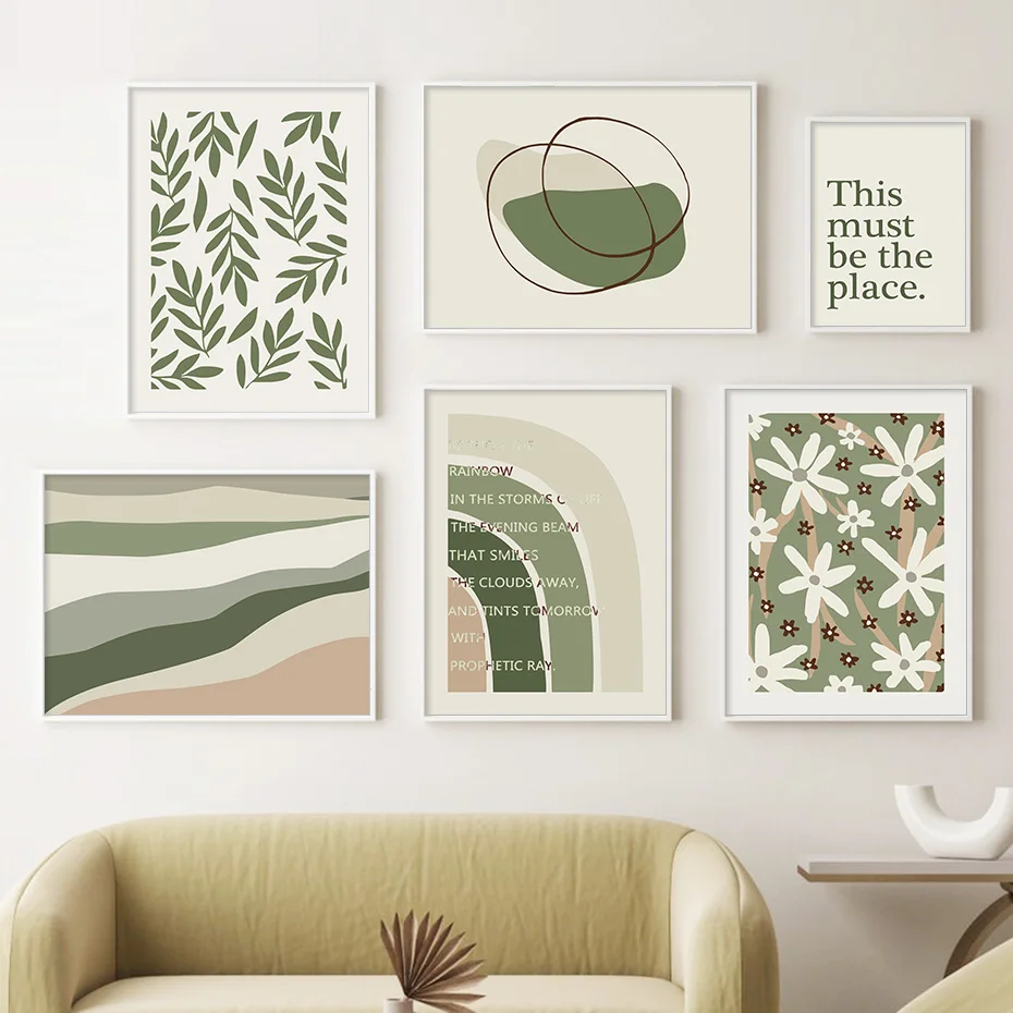 

Mid Century Modern Green Leaves Abstract Rainbow Line Poster Canvas Paintings Wall Art Picture Prints Living Room Decor Interior