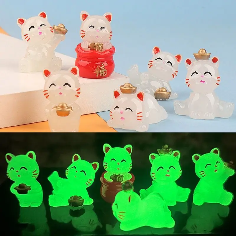 6PCS Creative Glowing Fortune Lucky Cat Micro Landscape DIY Decoration Luminous Cat Mini Figurines Car Office Desktop Ornaments 1