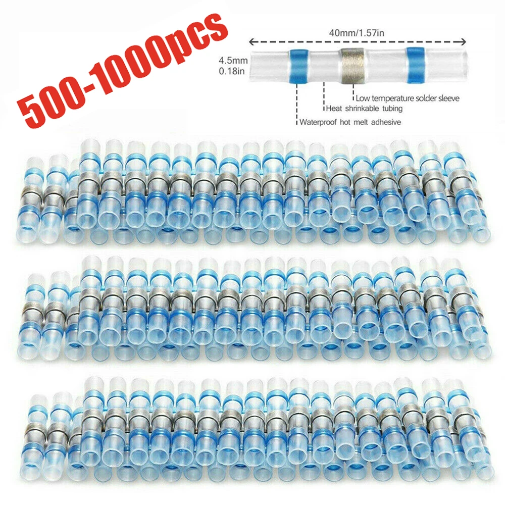 

500/1000PCS Waterproof Solder Seal Sleeve Splice Terminal Tinned Copper Heat Shrink Electrical Wire Butt Connector AWG16-14 Blue