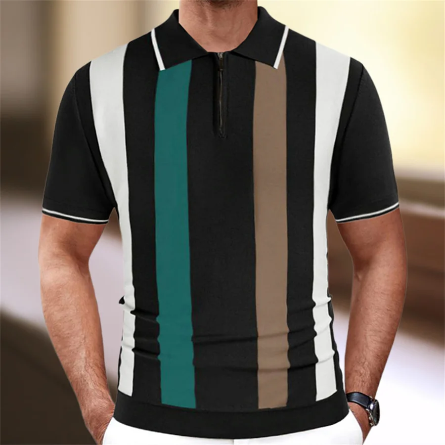 Patchwork Men Polo Shirt Short Sleeve Turn-down Collar Knitted Tops Summer Zipper T-Shirt Striped Streetwear Men's Knitwear