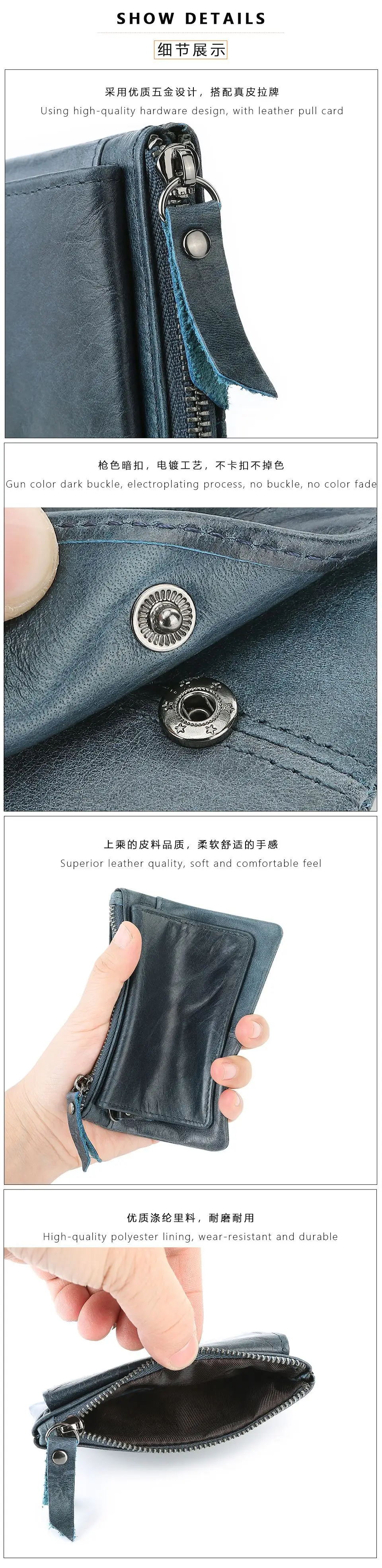 RFID Blocking Retro Echtes Leder Brieftasche männer Kredit ID Kleine Karte Halter Männlich Hohe Qualität Leder Kurze Zipper Geldbörse – Detail 3