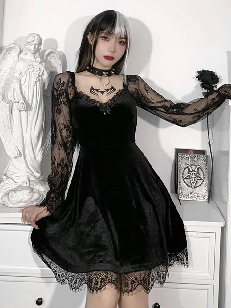 Gothic Lolita Girl Lace Trim Velvet A-Line Dress Women Sexy Perspective Long Sleeve V Neck Slim Mini Dress Cosplay Party Costume 3