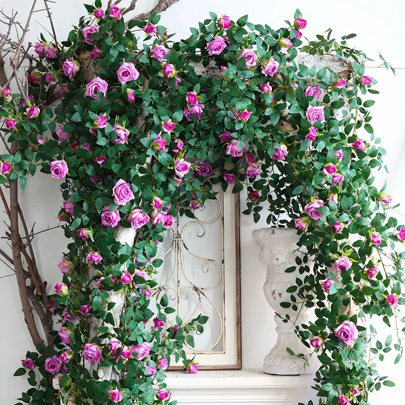 Yannew Boho Künstliche Hängende Rosen Liana Vine Blumengirlanden Wanddekoration Grün für Garten Hochzeit Zuhause Raumdekoration