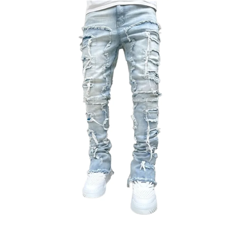 

Y2K Pink Fashion Stretchy Patch Jeans Men Tassels Destroyed Ripped Broken Denim Pants High Street Patchwork Pants Male Trousers