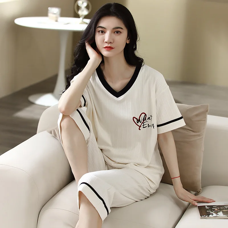 Summer Women's Thin Knitted Cotton Pajamas Short Sleeve Pullover Capris Loose Casual Home Clothing Set Cute Cartoon Sleepwear